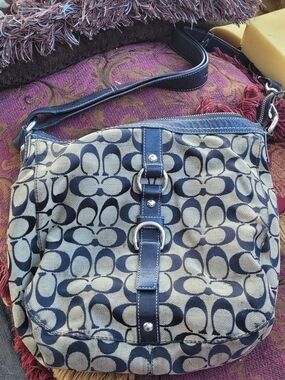 Coach Navy and Beige Signature Canvas Shoulder Bag